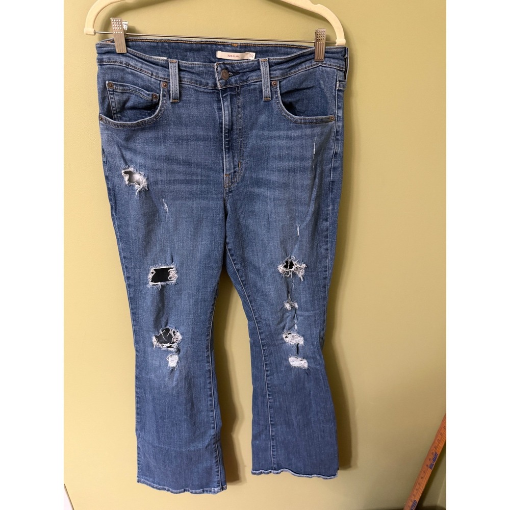 Levis 726 High Rise Flare Distressed Jeans Medium Wash Blue W32 L32 Bell 70s